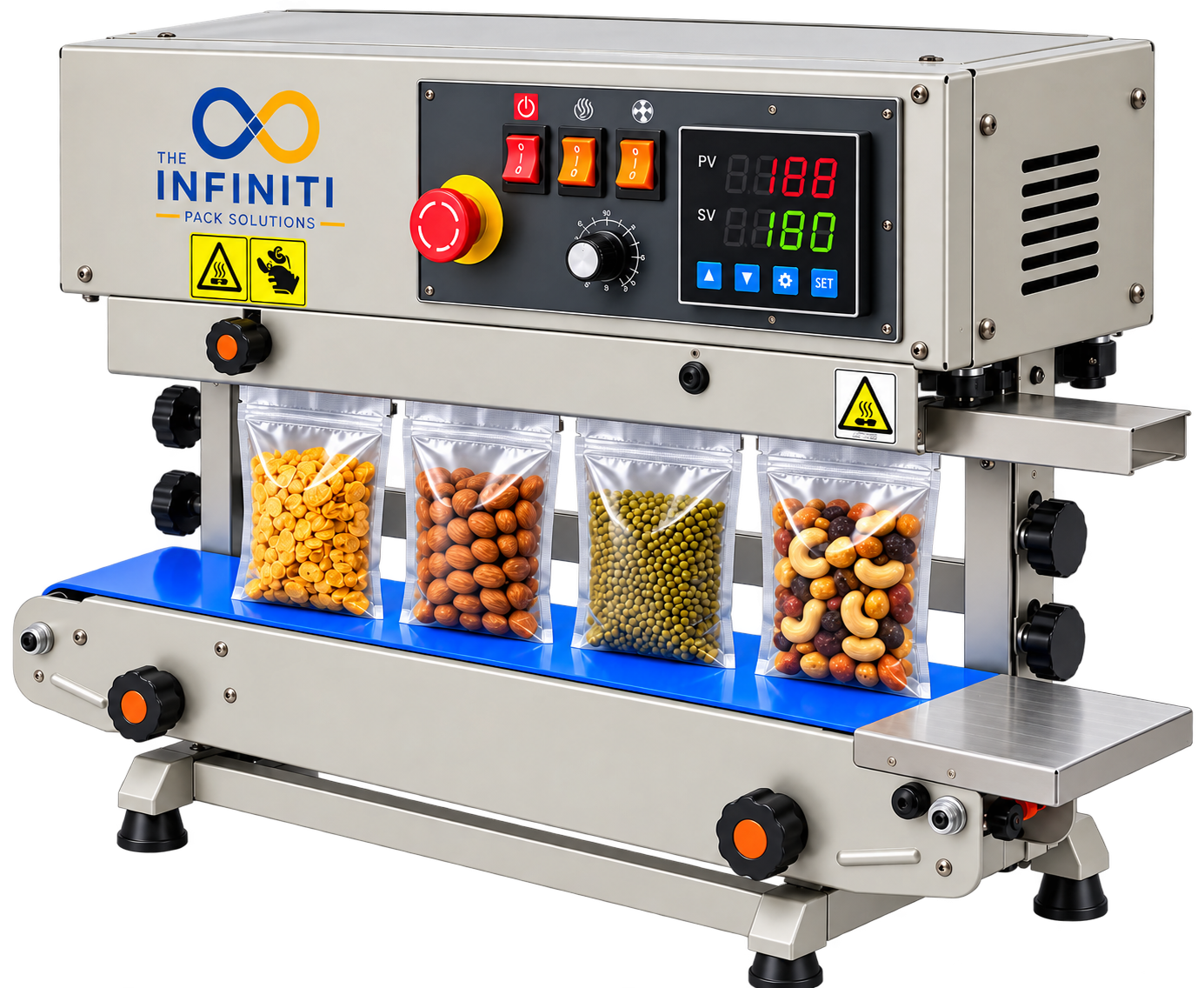 Infiniti continuous band sealer with pouches on the conveyor